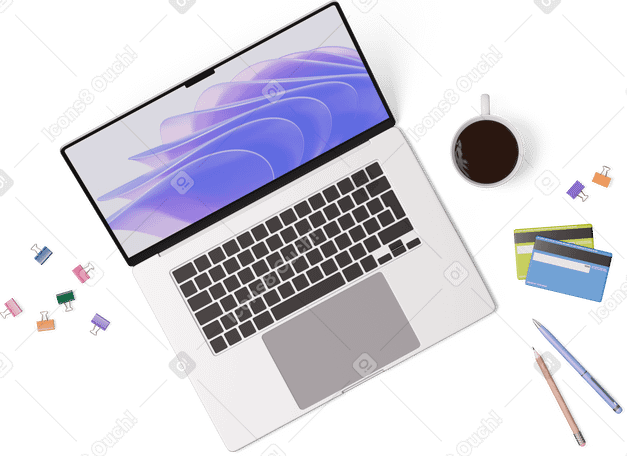 3D top view of laptop, credit cards, cup, pen and pencil PNG, SVG