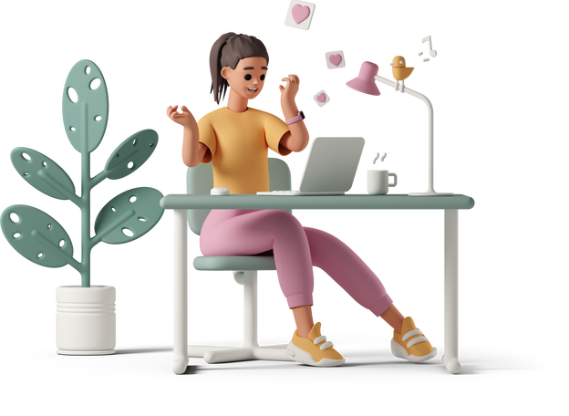 3D excited young woman receiving like notifications on her laptop PNG, SVG