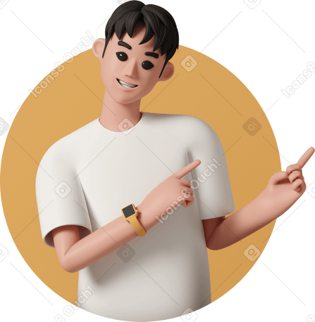 3D young smiling man points with fingers to right side PNG, SVG