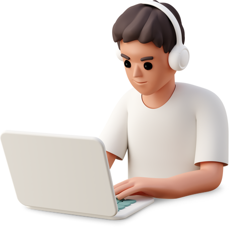 3D young man sitting in front of laptop PNG, SVG