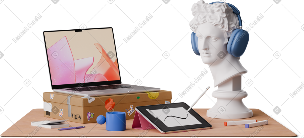 3D front view of graphic designer desk with apollo head PNG, SVG