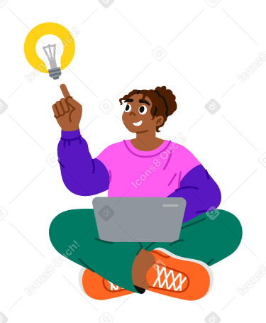 Illustration animée Jeune femme pointant vers l'ampoule idée aux formats GIF, Lottie (JSON) et AE