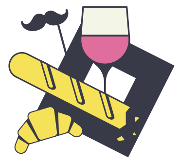 Glass of wine, a French baguette, a croissant, and a false mustache PNG, SVG
