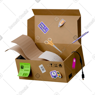 Open box with stickers and papers animated illustration in GIF, Lottie (JSON), AE