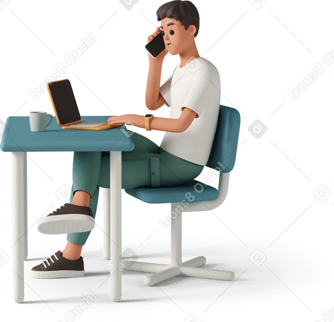 3D side view of man sitting in front of laptop and talking on phone Illustration in PNG, SVG