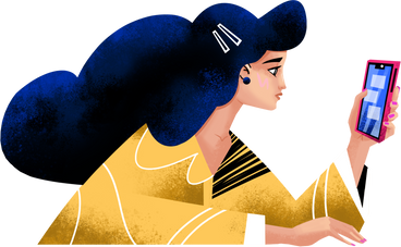 woman in a yellow shirt looks at her phone PNG, SVG