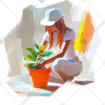 Oil painting of a woman repotting a plant PNG, SVG