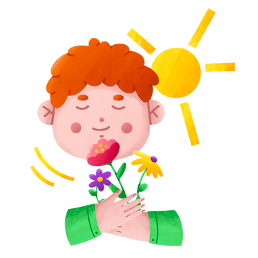 Redheaded boy holding flowers and standing in the sun PNG, SVG