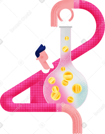 man in a pink shirt with a flask filled with bitcoins Illustration in PNG, SVG
