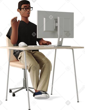 3D man works at a computer and waves his hand Illustration in PNG, SVG