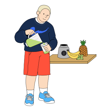 Young man makes himself a fruit smoothie PNG, SVG