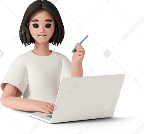 3D young smiling woman working at laptop PNG, SVG