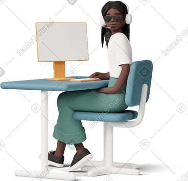 Blind girl sitting in headphones in front of computer PNG, SVG