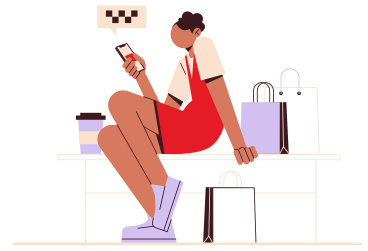 Girl with shopping bags calls a taxi on mobile phone PNG, SVG
