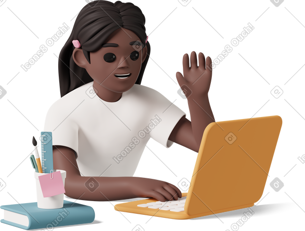 3D black girl sitting in front of laptop and waving PNG, SVG