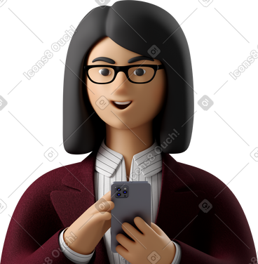 Close up of businesswoman in red suit with phone looking straight PNG, SVG