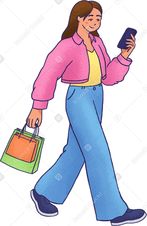 woman with bags and phone walking PNG、SVG
