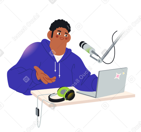 Illustrazione animata Uomo che registra un podcast sul laptop  in GIF, Lottie (JSON), AE