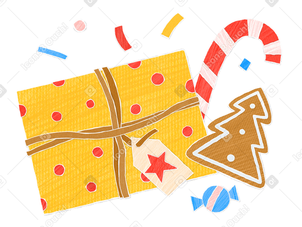 Yellow holiday gift box with christmas candy PNG, SVG