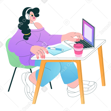 Woman sitting at desk and working on laptop Illustration in PNG, SVG