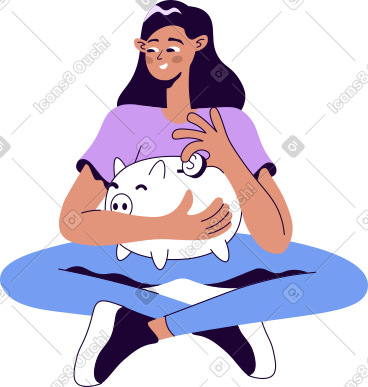 Seated woman holding a piggy bank PNG, SVG