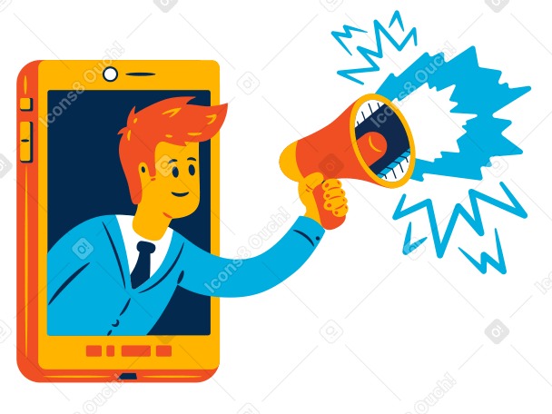 Mann mit megaphon wirbt von einem telefon aus PNG, SVG