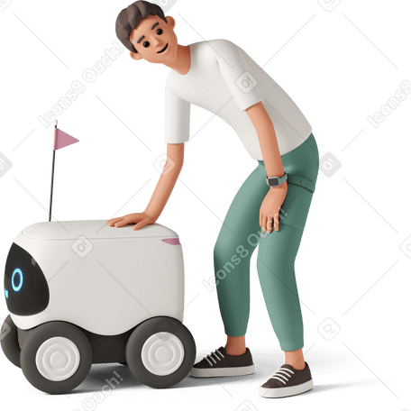 3D boy with delivery robot Illustration in PNG, SVG