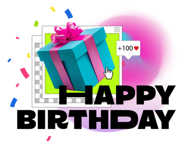 Текст с днем рождения с подарком и конфетти в PNG, SVG