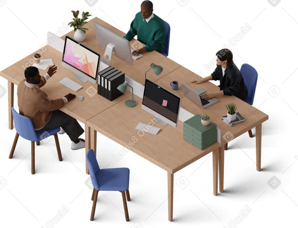 3D isometric view of colleagues working and talking in the office PNG, SVG