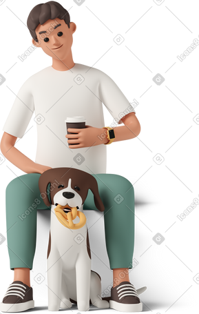 3D 男人和狗坐在一起，喝杯咖啡 PNG, SVG