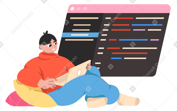 Programmer working with code on a laptop Illustration in PNG, SVG