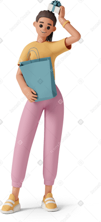 3D girl with shopping bag and gift box Illustration in PNG, SVG