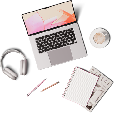 Top view of laptop headphones and notebooks в PNG, SVG