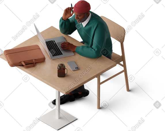 3D isometric view of man working online PNG, SVG