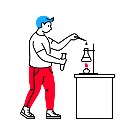 Man adds a drop of liquid to a flask suspended over a burner Illustration in PNG, SVG