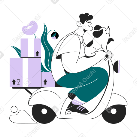 Анимированная иллюстрация Мужчина и собака доставляют посылки на мопеде в GIF, Lottie (JSON), AE
