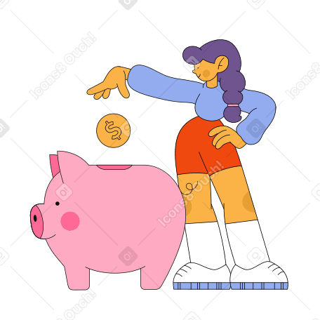 Девушка бросает монетку в копилку в PNG, SVG