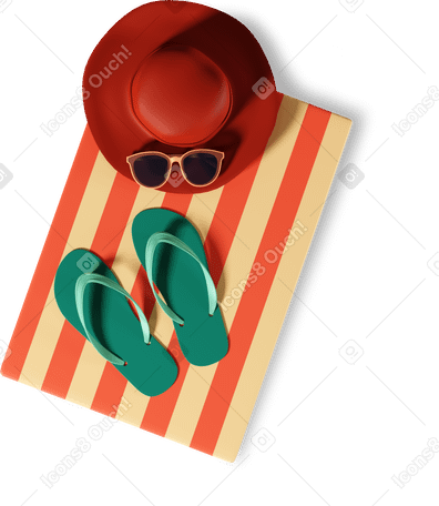 3D beach towel, hat, sunglasses and slippers PNG, SVG