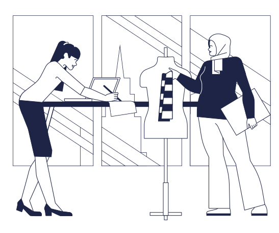 Women choosing fabrics for a clothing collection Illustration in PNG, SVG