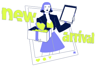 Text new arrival and young woman opening a box lettering PNG, SVG