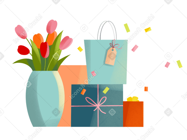 Bouquet of tulips in a vase and boxes with gifts Illustration in PNG, SVG