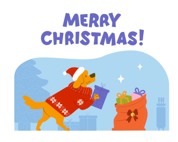 Merry Christmas text and dog collects gifts in a bag PNG, SVG