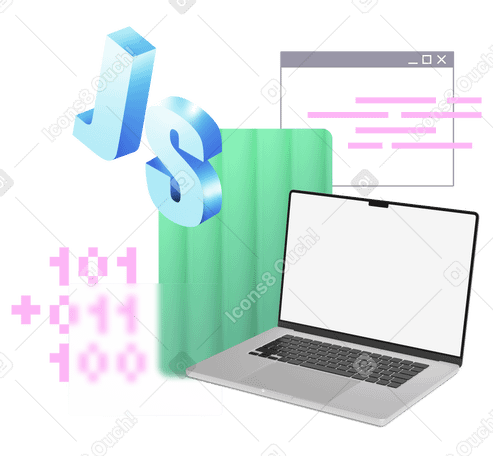 Javascript development with laptop and coding symbols PNG, SVG