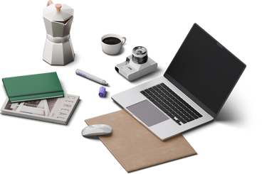 Vista isometrica di laptop, lettera, libri, macchina fotografica e caffè PNG, SVG