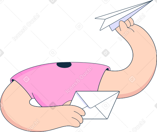 body in pink t-shirt holds a letter and launches a paper airplane Illustration in PNG, SVG