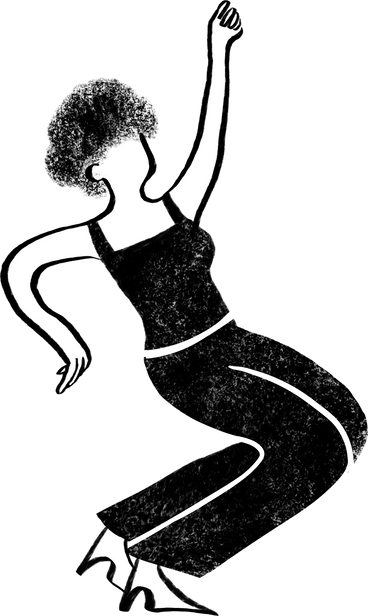 black and white woman with curly hair sitting with her hand up in the air PNG, SVG