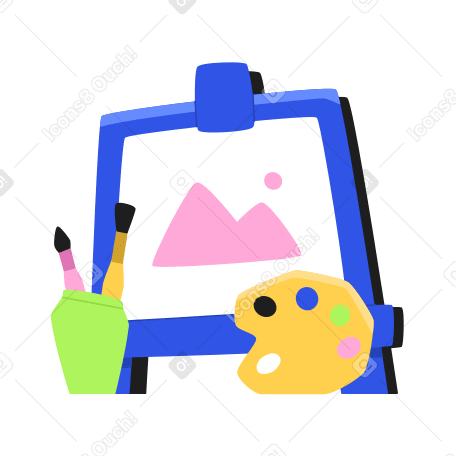 An easel, a paint palette and a cup with brushes Illustration in PNG, SVG