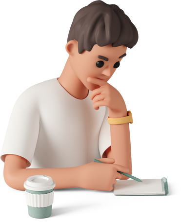 young man holding chin and taking notes in notebook Illustration in PNG, SVG