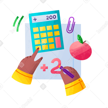 Niño en la lección de matemáticas con calculadora y manzana PNG, SVG