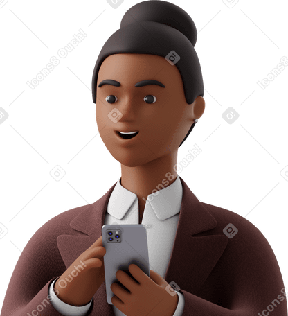 3D close up of black businesswoman in brown suit with phone looking aside PNG、SVG